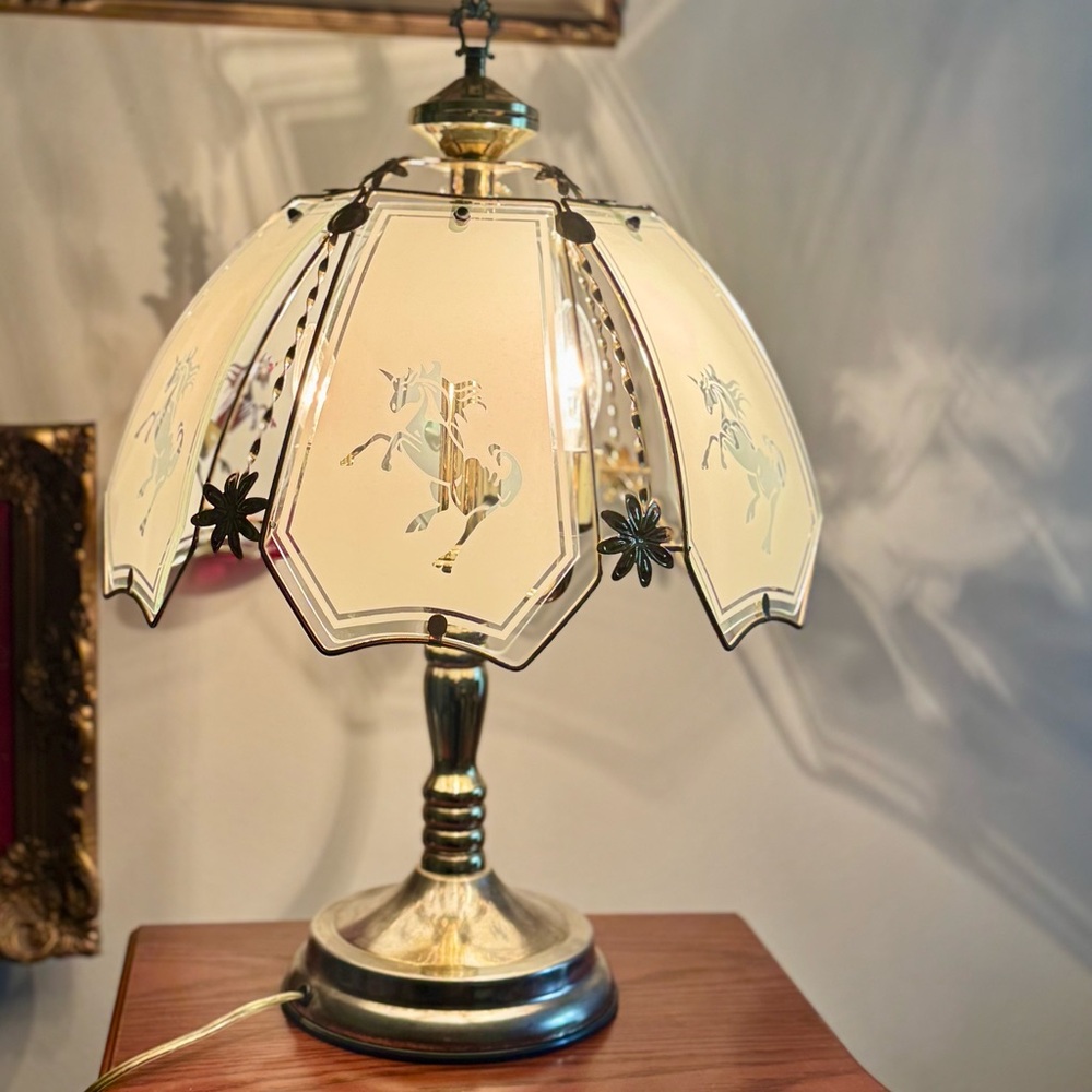 Vintage Etched Glass Unicorn Lamp | 3-Way Touch | 80s Fantasy Home Decor